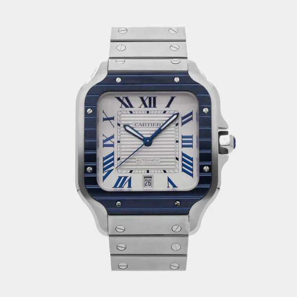 Cartier Santos Silver Case With Blue Bezel
