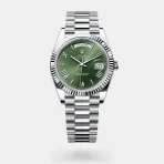 Rolex DAY-DATE 40 Silver with Green Dial Fluted Bezel