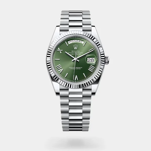 Rolex DAY-DATE 40 Silver with Green Dial Fluted Bezel