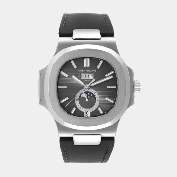 Nautilus Annual Calendar Moonphase Black Leather Belts Watch