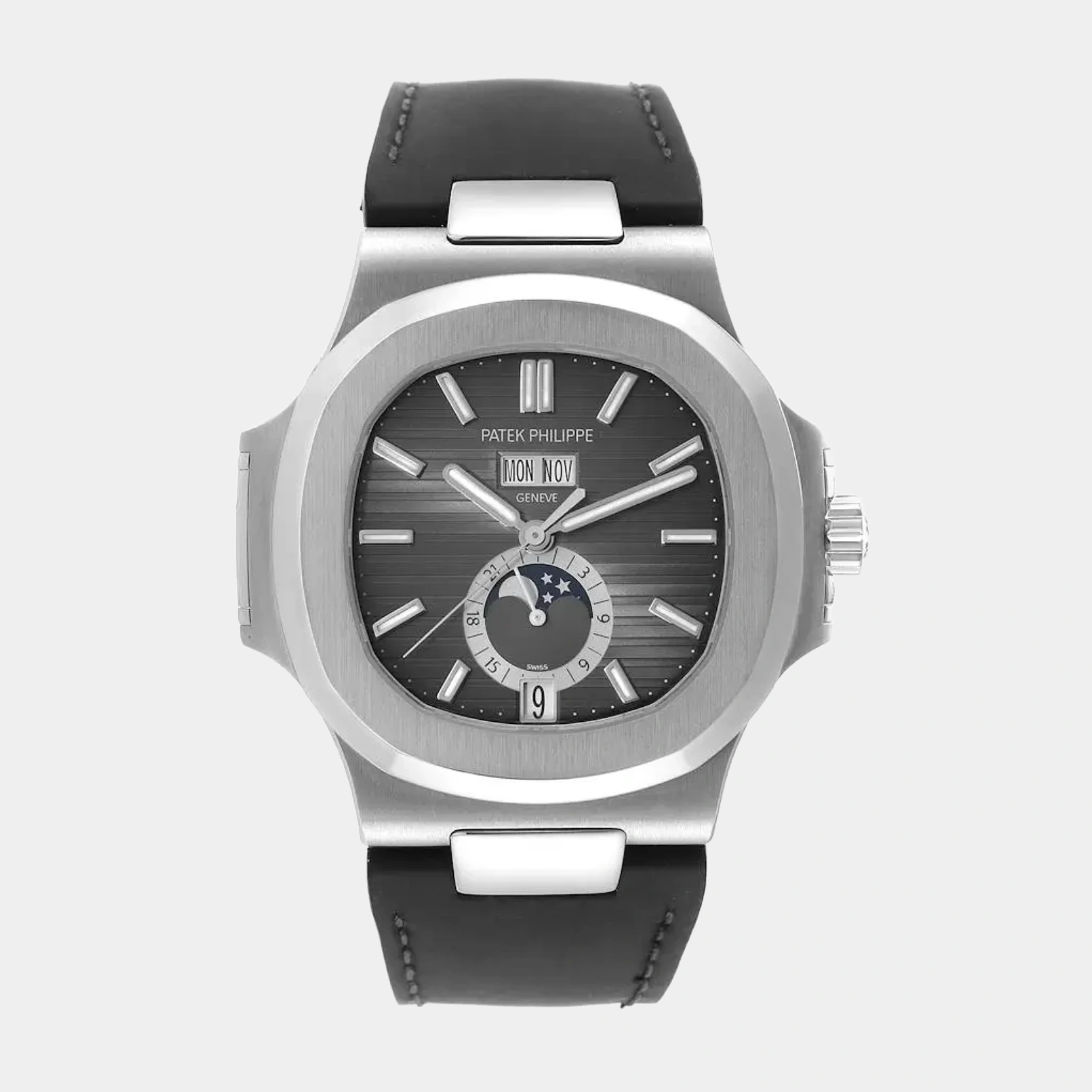 Nautilus Annual Calendar Moonphase Black Leather Belts Watch Nautilus Annual Calendar Moonphase Black Leather Belts Watch