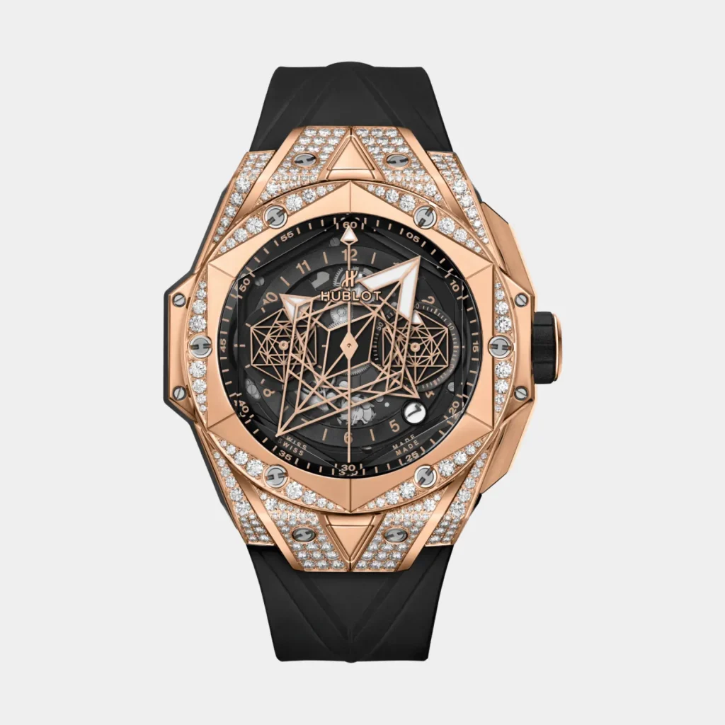 Hublot Sang Bleu II King Gold Pave Chronograph Automatic Diamond Black Dial Watch