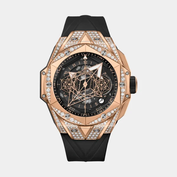 Hublot Sang Bleu II King Gold Pave Chronograph Automatic Diamond Black Dial Watch